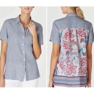 J. Jill Women's XS Striped Front Floral Back Button Up Blouse Shirt Linen/Cotton